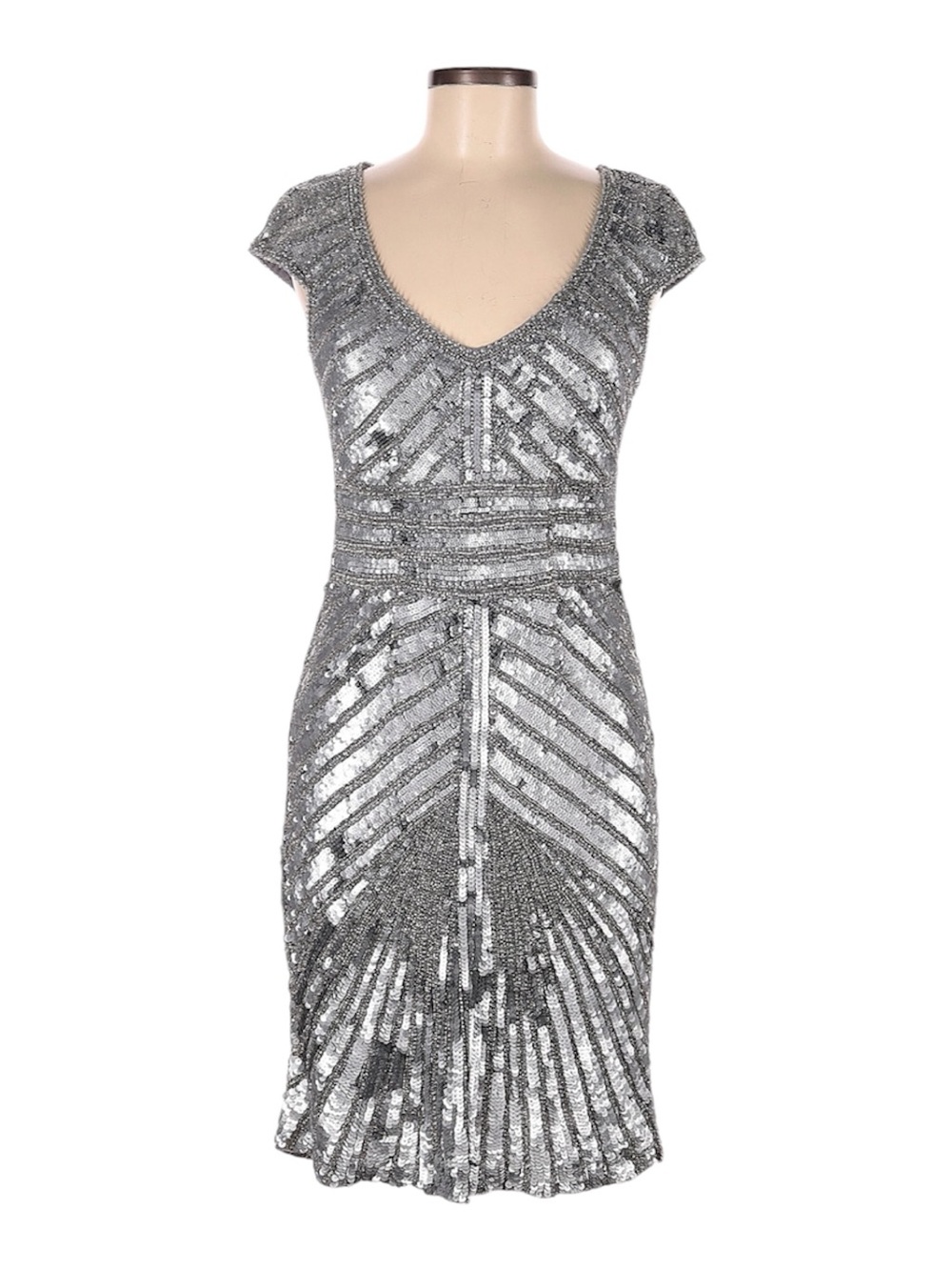THEIA: Cap Sleeve Silver Sequin V-Neck Cocktail Dress